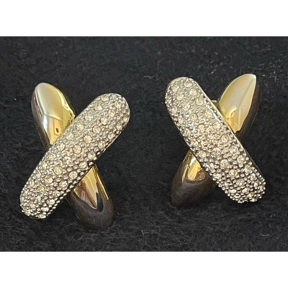Vtg 90s Mogul gold tone & silver pave crystal designer inspired clip earrings
